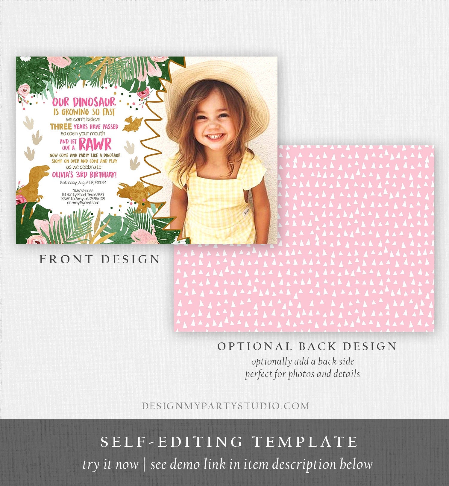 Editable Dinosaur Birthday Invitation ANY AGE Dino Dig Party Prehistoric Girl Pink Gold T-Rex Photo Digital Download Template Printable 0146