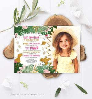 Editable Dinosaur Birthday Invitation ANY AGE Dino Dig Party Prehistoric Girl Pink Gold T-Rex Photo Download Printable Corjl Template 0146