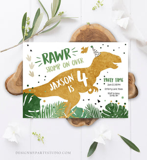 Editable Dinosaur Birthday Invitation ANY AGE Dino Dig Party Prehistoric Boy Gold Green T-Rex Photo Download Printable Corjl Template 0146