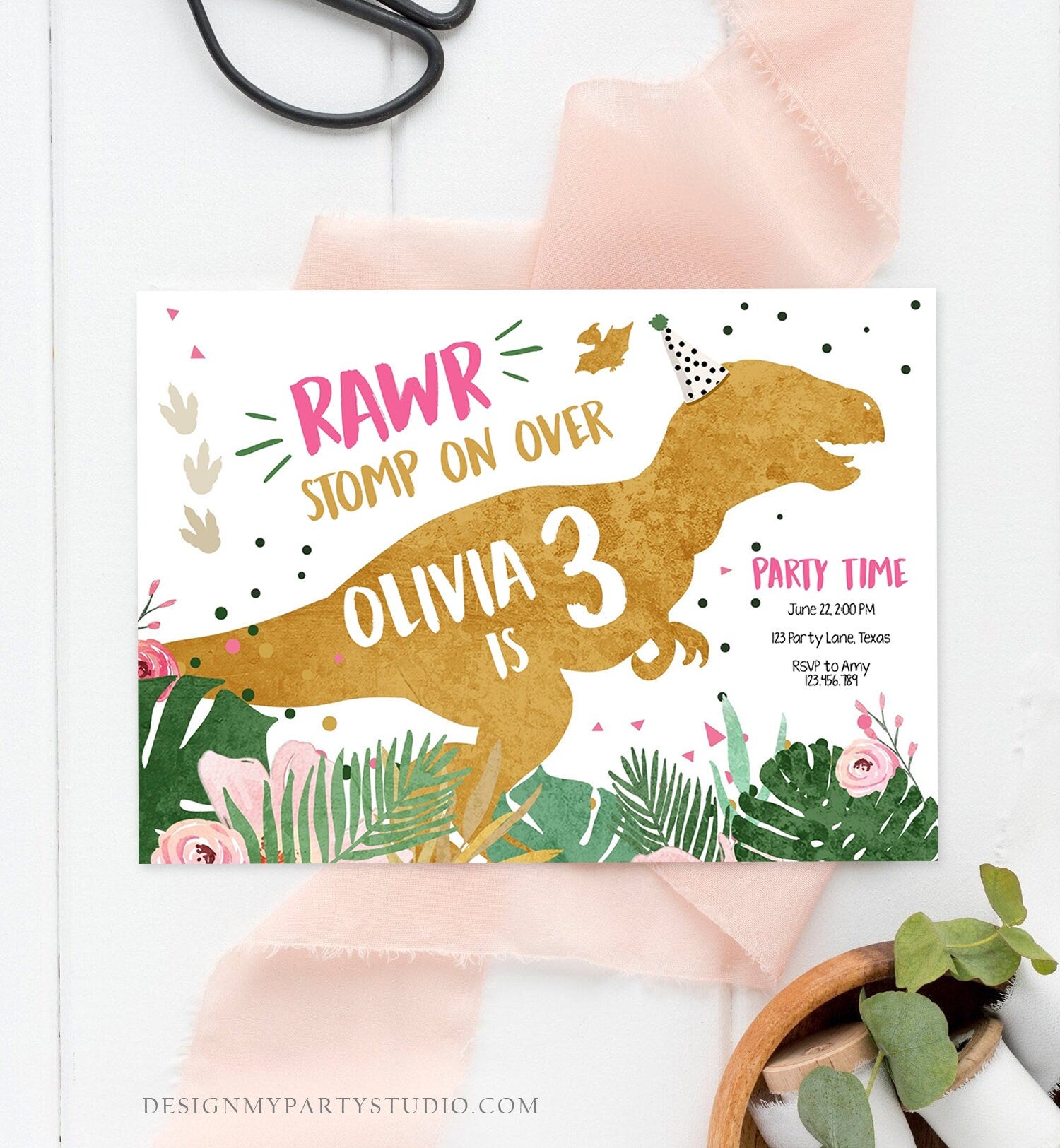 Editable Three-Rex Dinosaur Birthday Invitation Dino T-Rex Third Birthday 3rd Rawr Girl Pink Gold Prehistoric Printable Corjl Template 0146