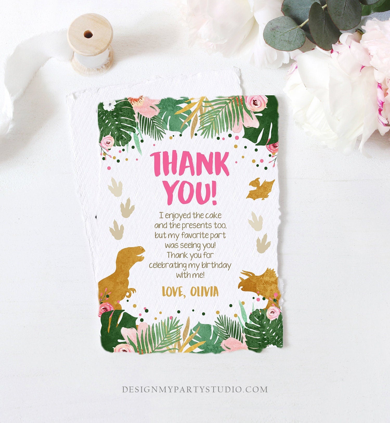 Editable Dinosaur Thank You Card Birthday Note Pink Gold Girl Dino Party T-Rex Instant Download Printable Corjl Template Digital 0146