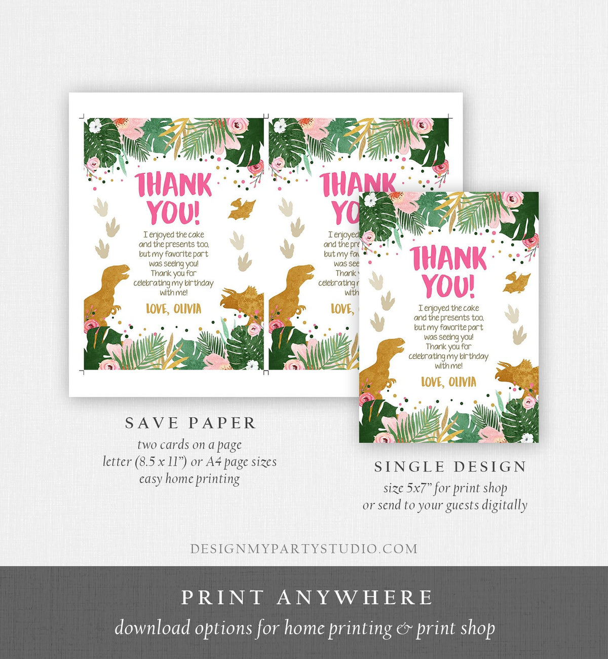 Editable Dinosaur Thank You Card Birthday Note Pink Gold Girl Dino Dig Party T-Rex Digital Download Template Printable 0146