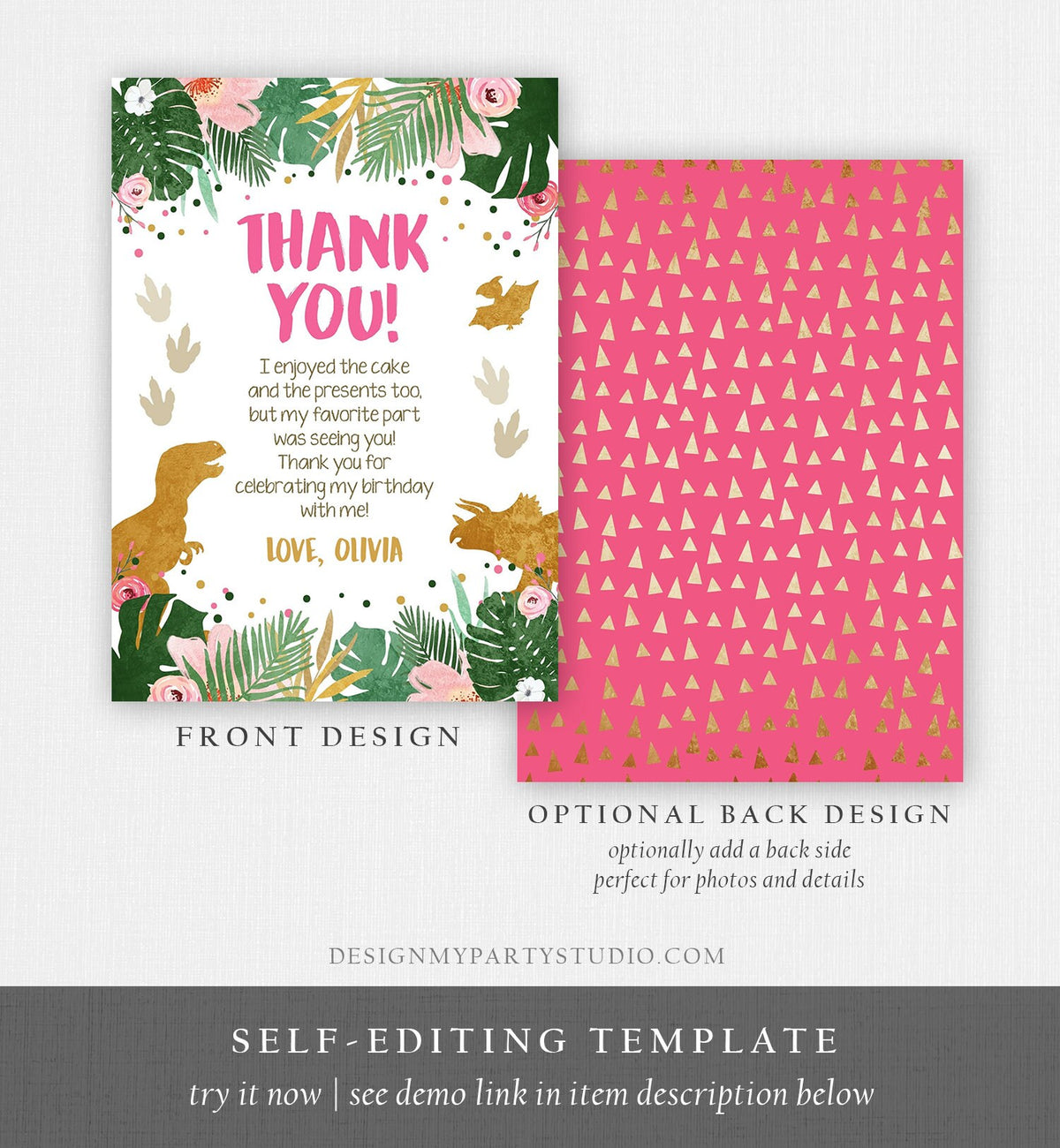 Editable Dinosaur Thank You Card Birthday Note Pink Gold Girl Dino Dig Party T-Rex Digital Download Template Printable 0146