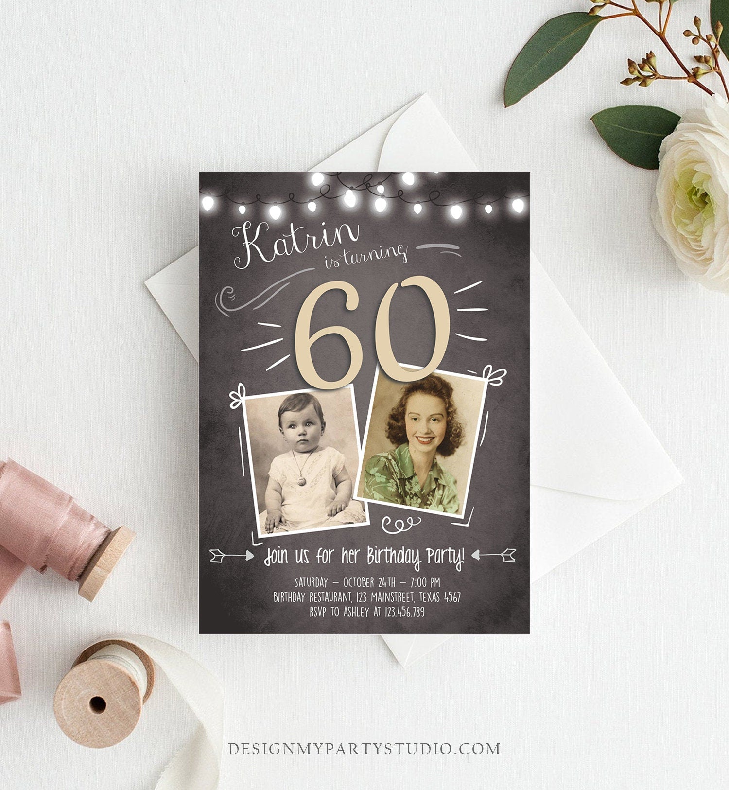 Editable 60th Birthday Invitation Rustic Adult Sixty Photo Vintage Diamond Jubilee Anniversary Digital Download Template Printable 0230