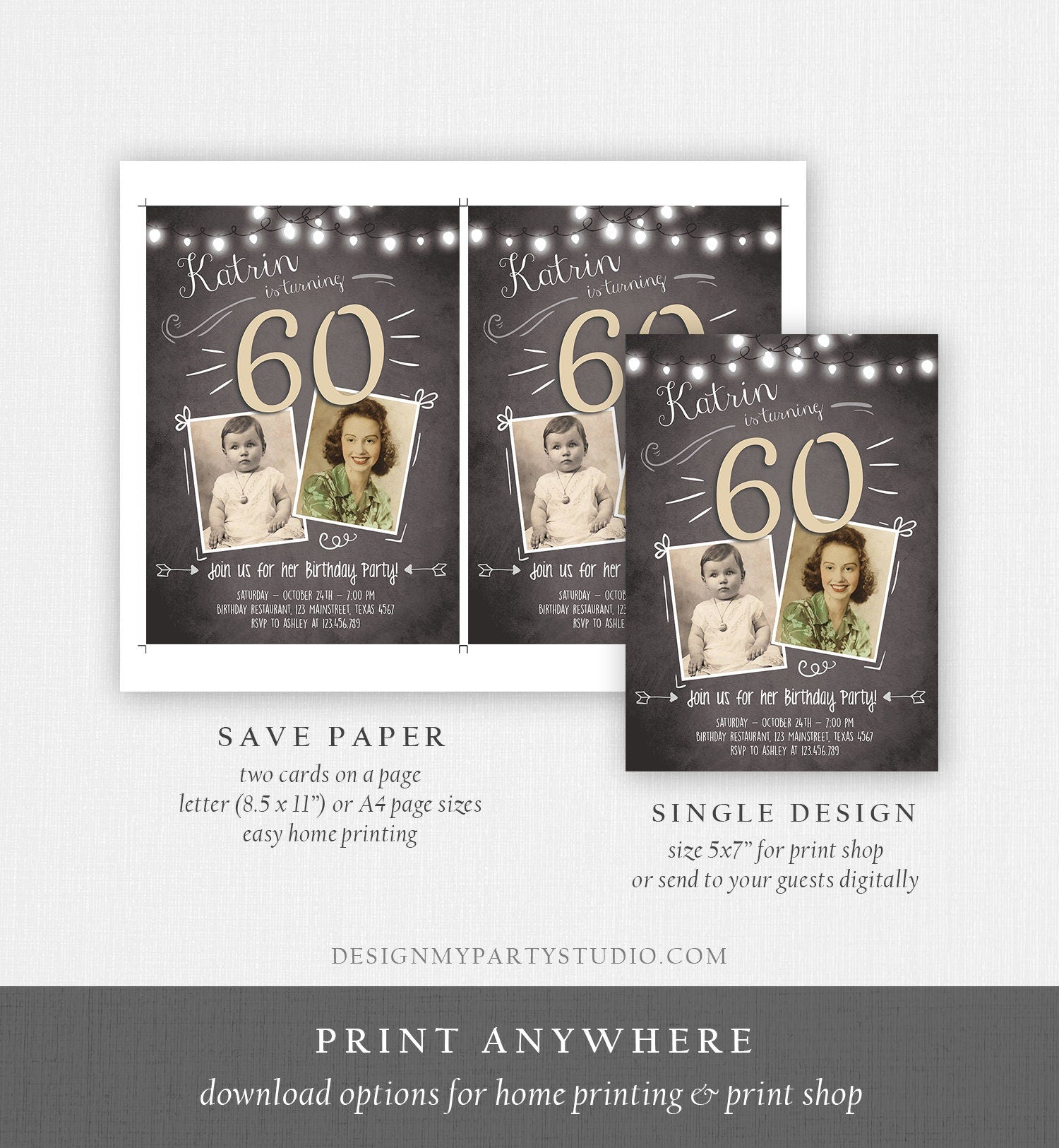 Editable 60th Birthday Invitation Rustic Adult Sixty Photo Vintage Diamond Jubilee Anniversary Digital Download Template Printable 0230