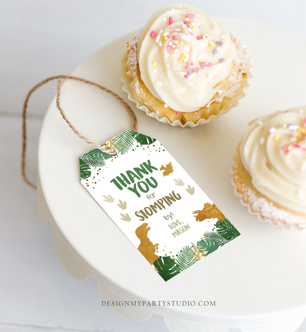 Editable Dinosaur Favor Tags Gift Tag Boy Green Gold Thank You for Stomping By Tag Birthday Dino Party T-Rex Digital Template Printable 0146