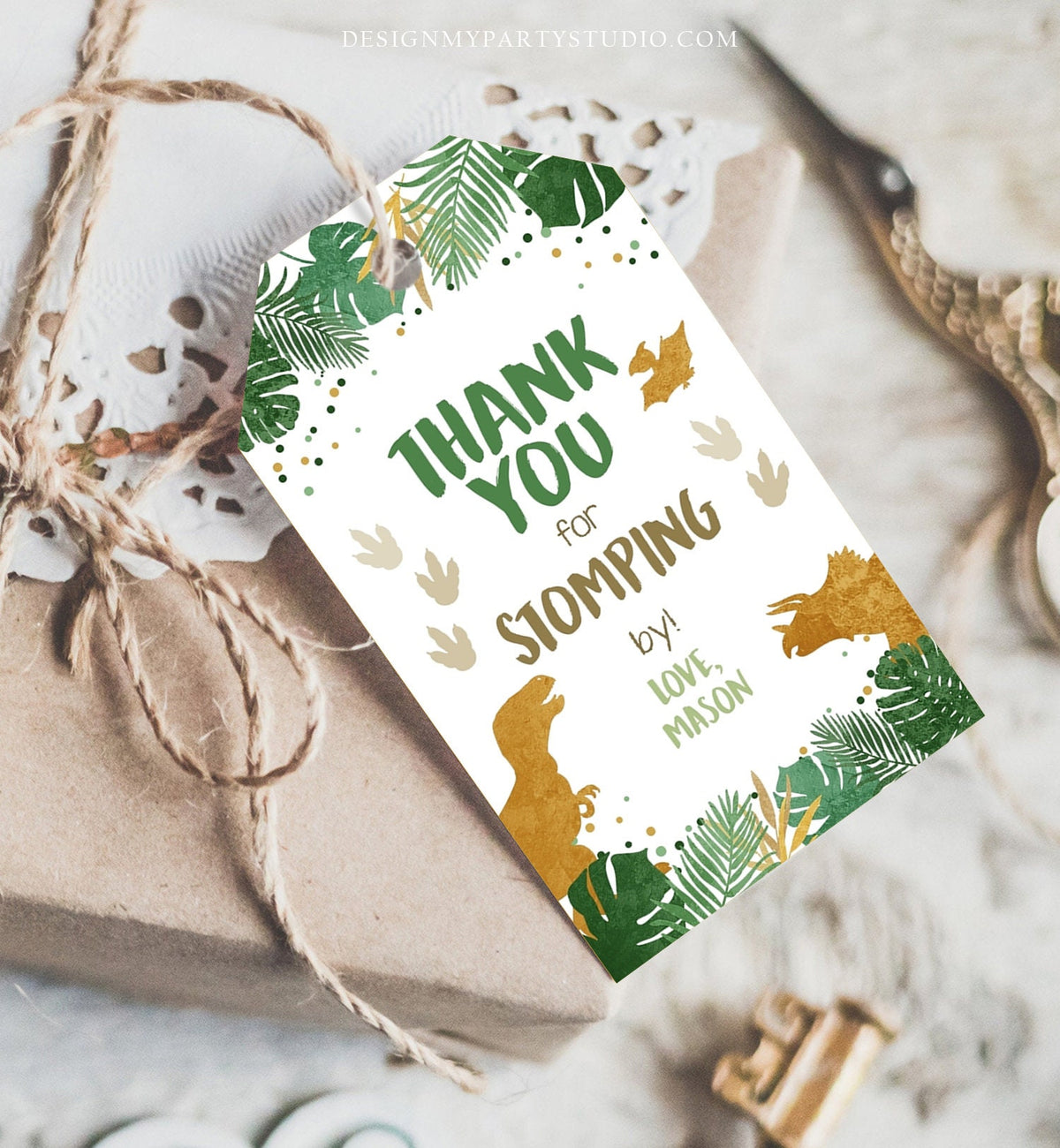 Editable Dinosaur Favor Tags Gift Tag Boy Green Gold Thank You for Stomping By Tag Birthday Dino Party T-Rex Digital Template Printable 0146