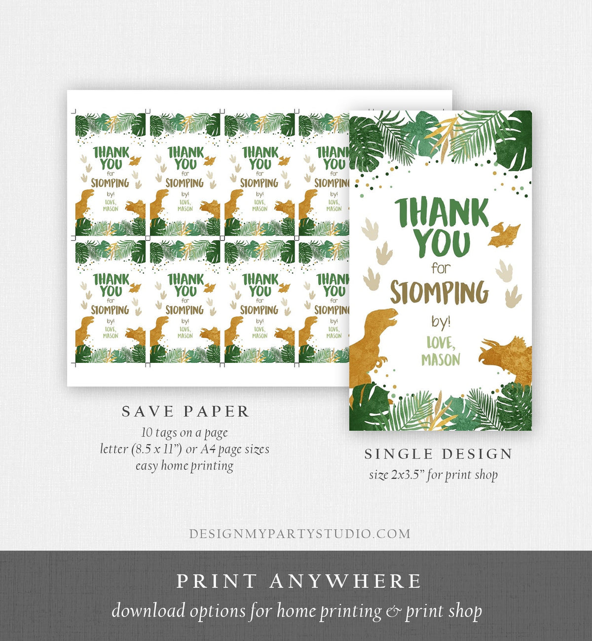 Editable Dinosaur Favor Tags Gift Tag Boy Green Gold Thank You for Stomping By Tag Birthday Dino Party T-Rex Digital Template Printable 0146