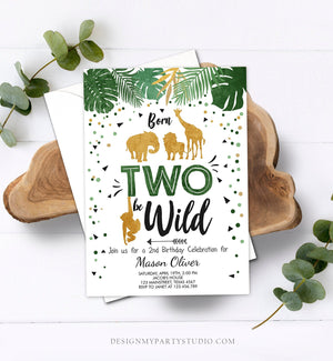 Editable Born Two Be Wild Birthday Invitation Boy Animals Jungle Safari Green Gold 2nd Birthday Download Printable Template Corjl 0016