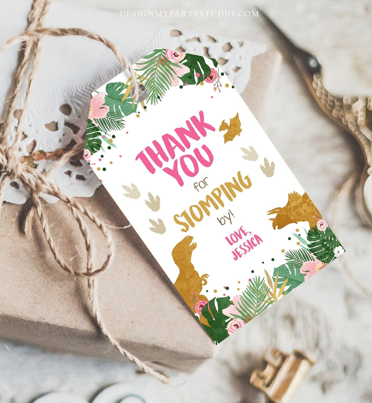 Editable Dinosaur Favor Tags Gift Tag Girl Pink Gold Thank You for Stomping By Tag Birthday Dino Party T-Rex Digital Template Printable 0146
