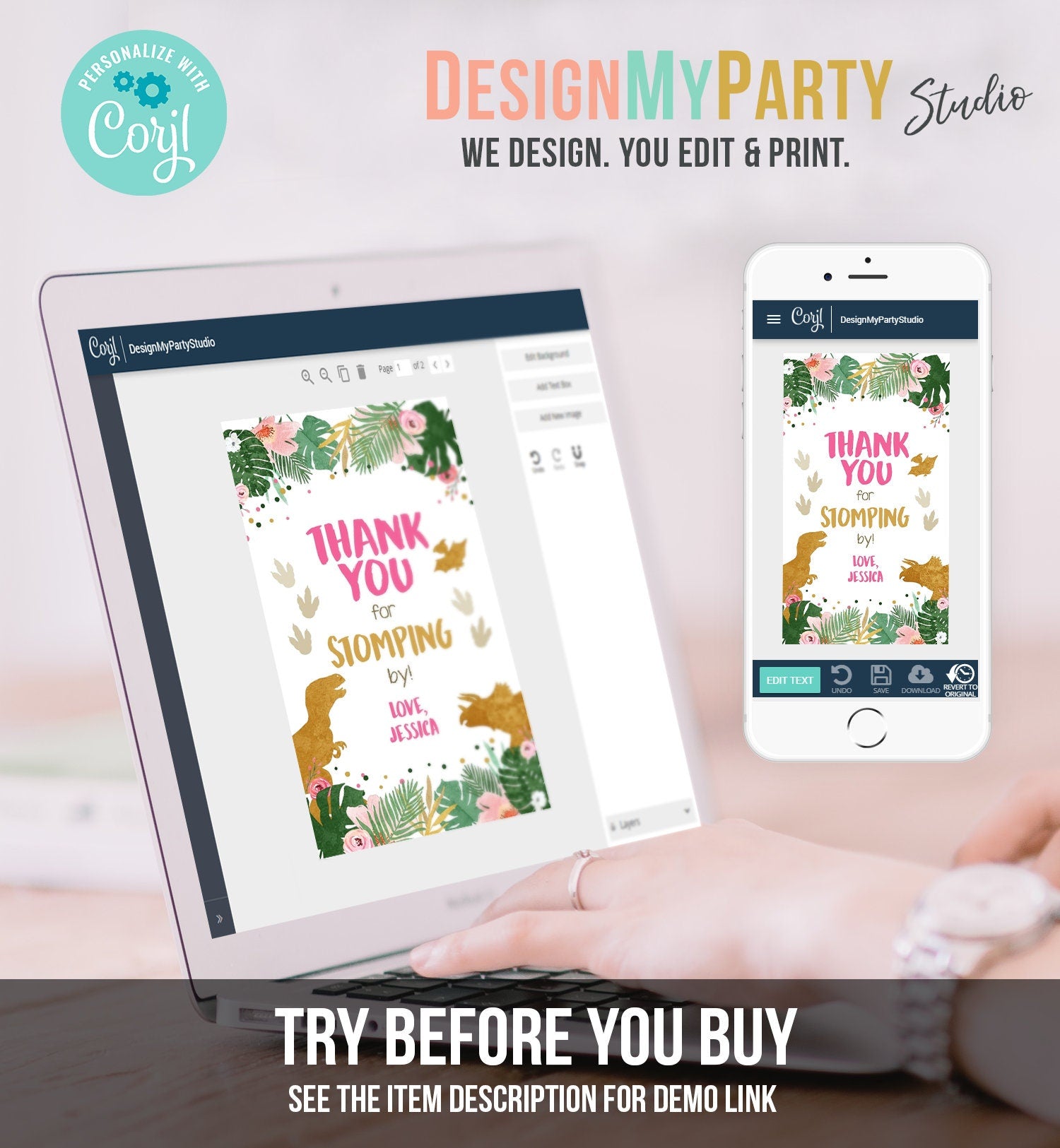 Editable Dinosaur Favor Tags Gift Tag Girl Pink Gold Thank You for Stomping By Tag Birthday Dino Party T-Rex Digital Template Printable 0146