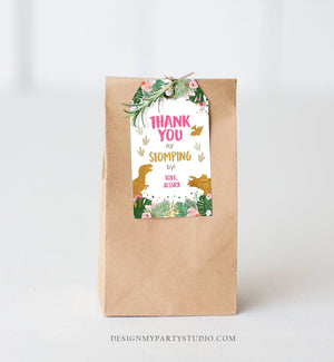 Editable Dinosaur Favor Tags Gift Tag Girl Pink Gold Thank You for Stomping By Tag Birthday Dino Party T-Rex Corjl Template Printable 0146