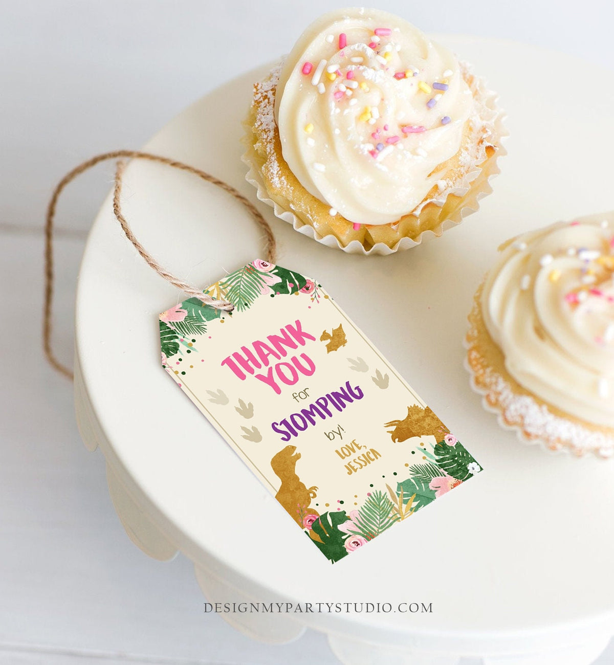 Editable Dinosaur Favor Tags Gift Tag Girl Pink Gold Thank You for Stomping By Tag Birthday Dino Party T-Rex Digital Template Printable 0388