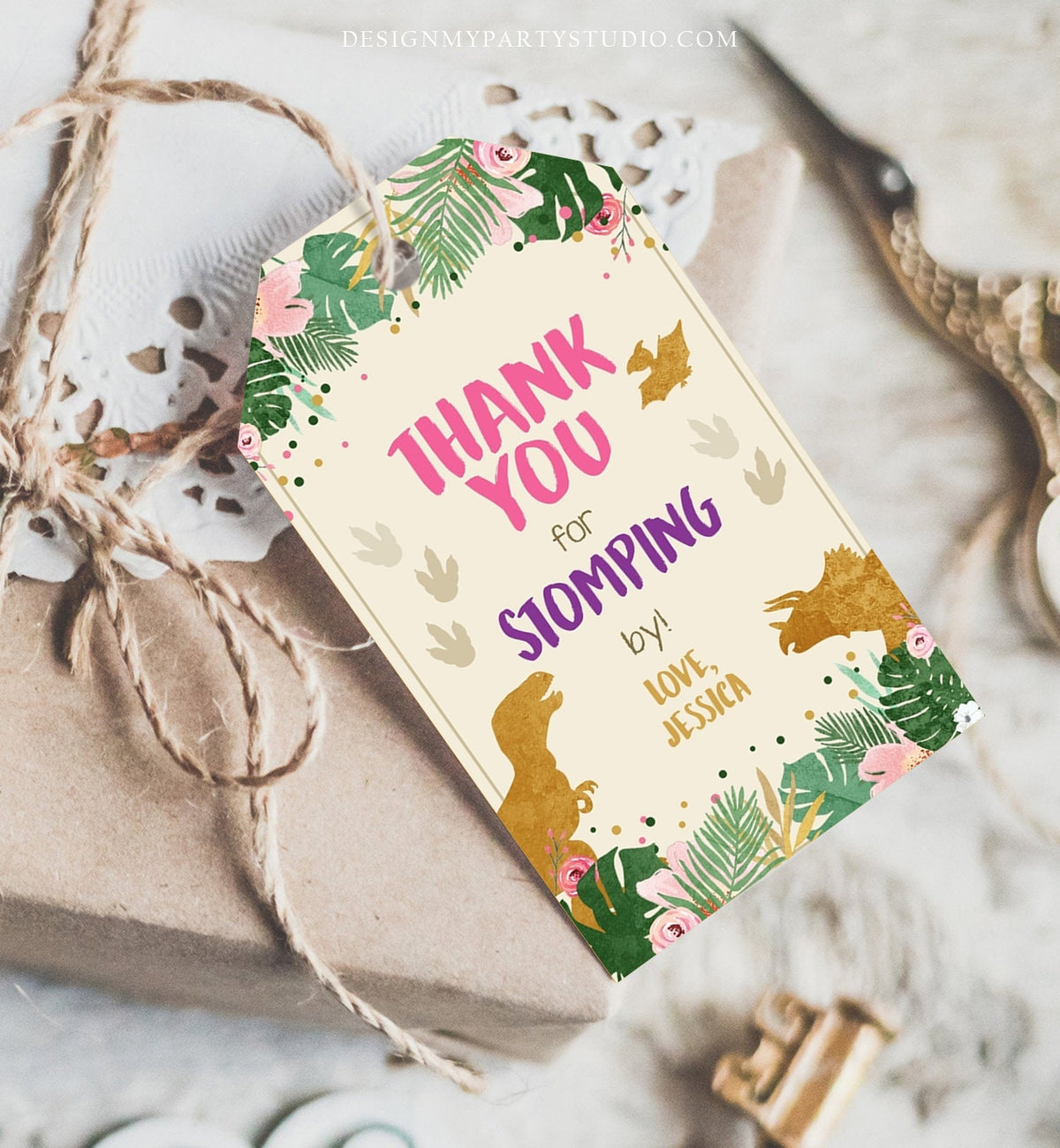 Editable Dinosaur Favor Tags Gift Tag Girl Pink Gold Thank You for Stomping By Tag Birthday Dino Party T-Rex Digital Template Printable 0388