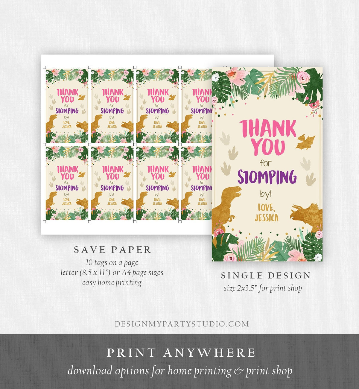 Editable Dinosaur Favor Tags Gift Tag Girl Pink Gold Thank You for Stomping By Tag Birthday Dino Party T-Rex Digital Template Printable 0388