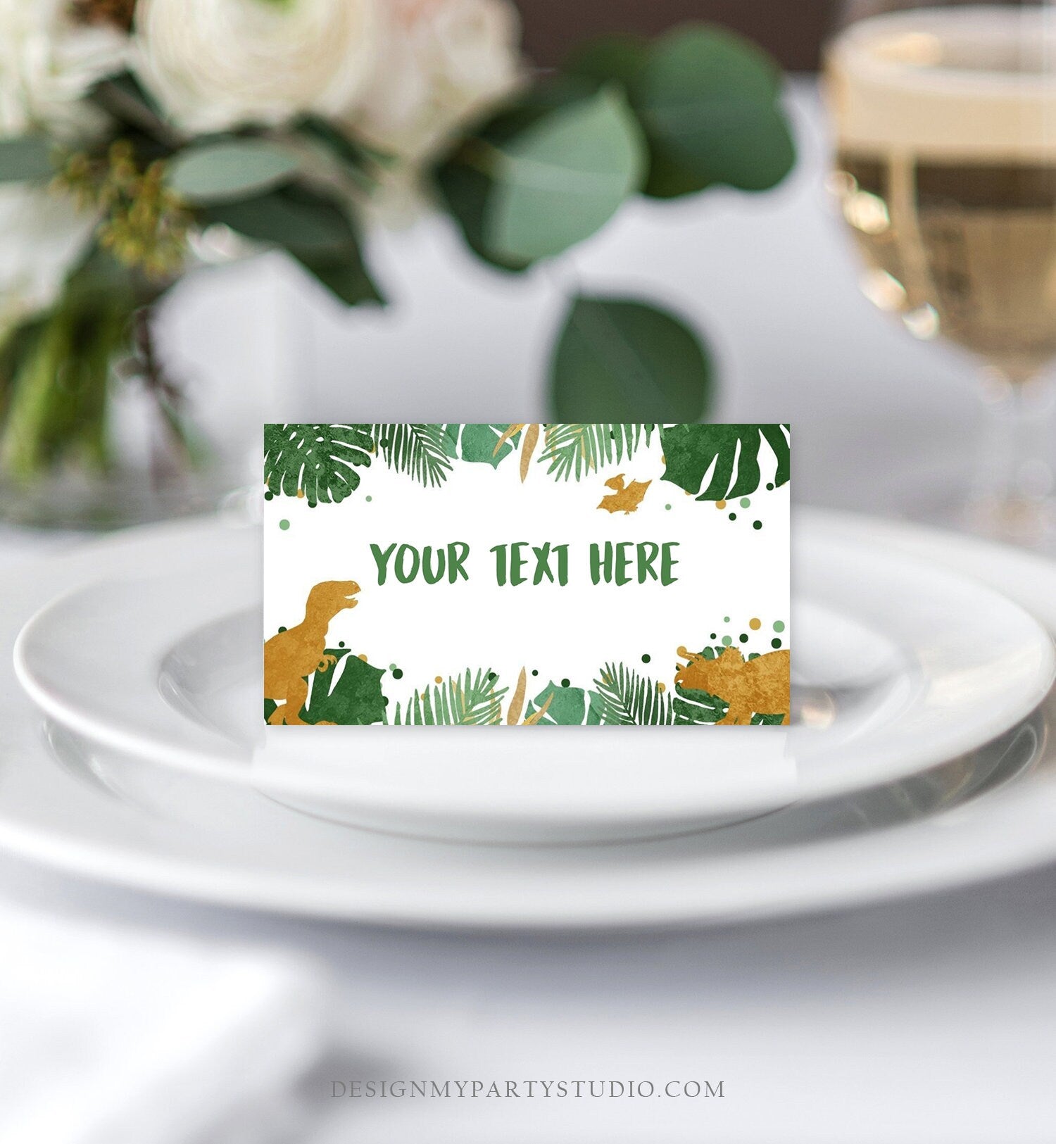 Editable Dinosaur Food Labels Dinosaur Party Place Card Tent Card Escort Card Green and Gold Dino Birthday Boy T-Rex Corjl Template 0146