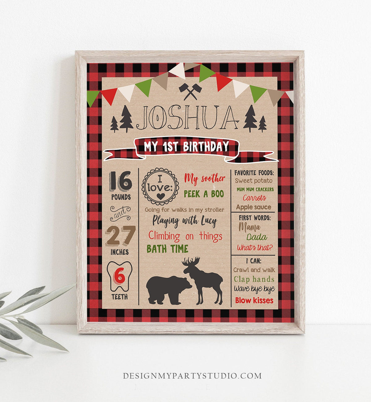 Editable Lumberjack Birthday Milestones Sign Lumberjack Birthday Chalkboard Plaid 1st Birthday Bear Moose Digital Template Printable 0026