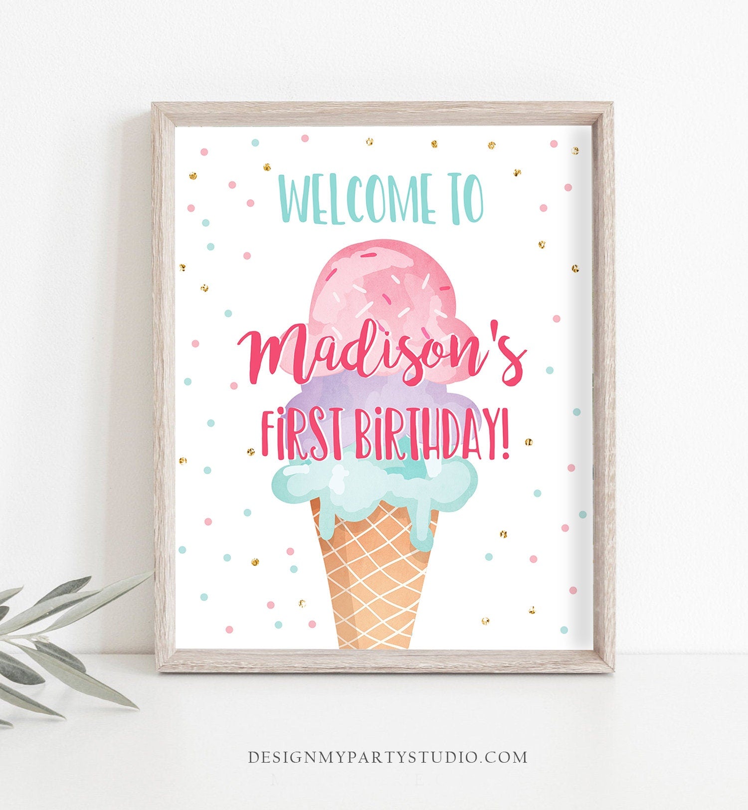 Editable Ice Cream Party Welcome Sign Ice Cream Birthday Welcome Poster Ice Cream Girl Summer Pink Purple Digital Template Printable 0243