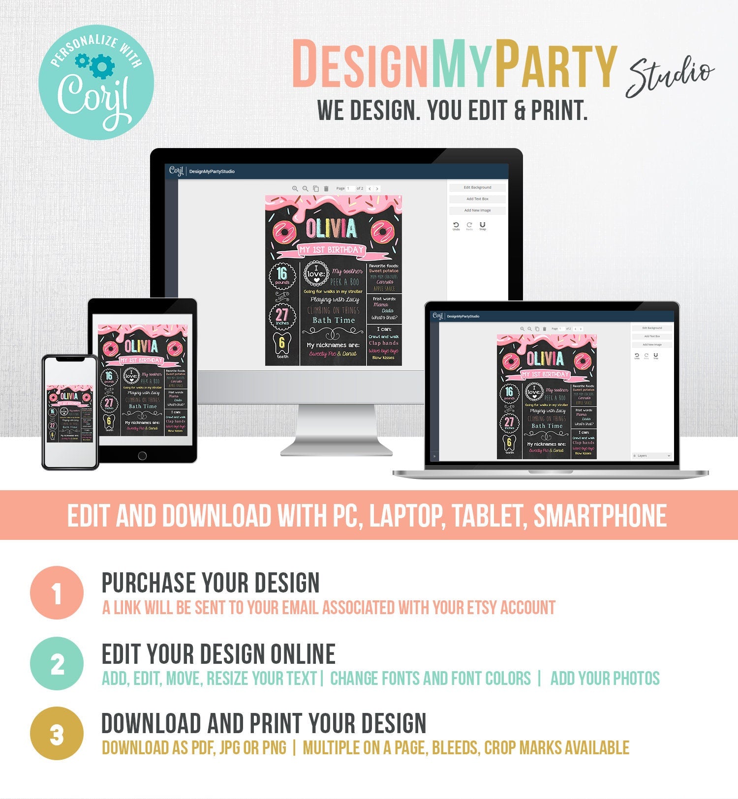 Editable Donut Birthday Milestones Sign Doughnut Chalkboard Sweet Birthday First Birthday 1st Instant Download Corjl Template Printable 0050