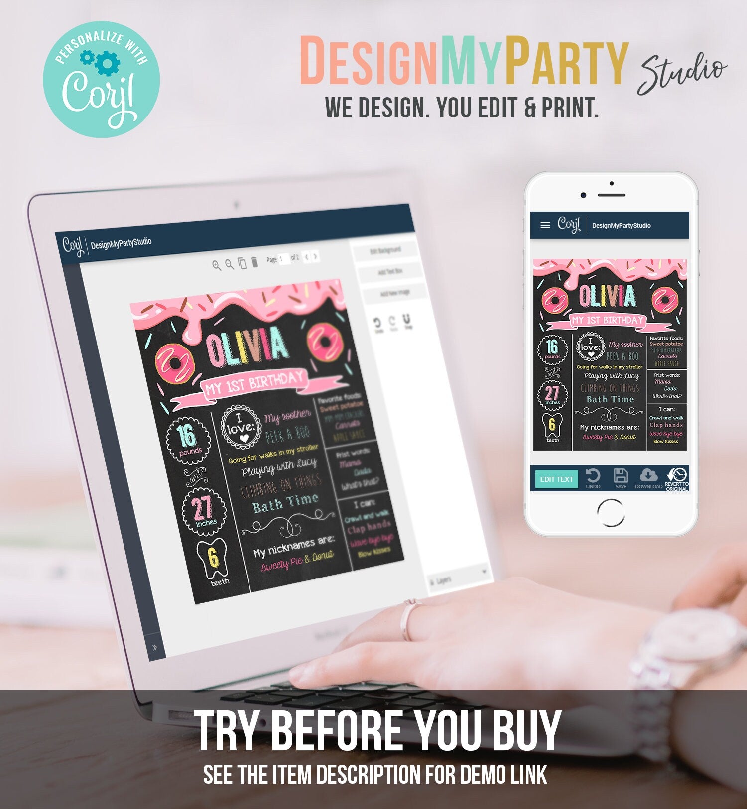 Editable Donut Birthday Milestones Sign Doughnut Chalkboard Sweet Birthday First Birthday 1st Instant Download Corjl Template Printable 0050