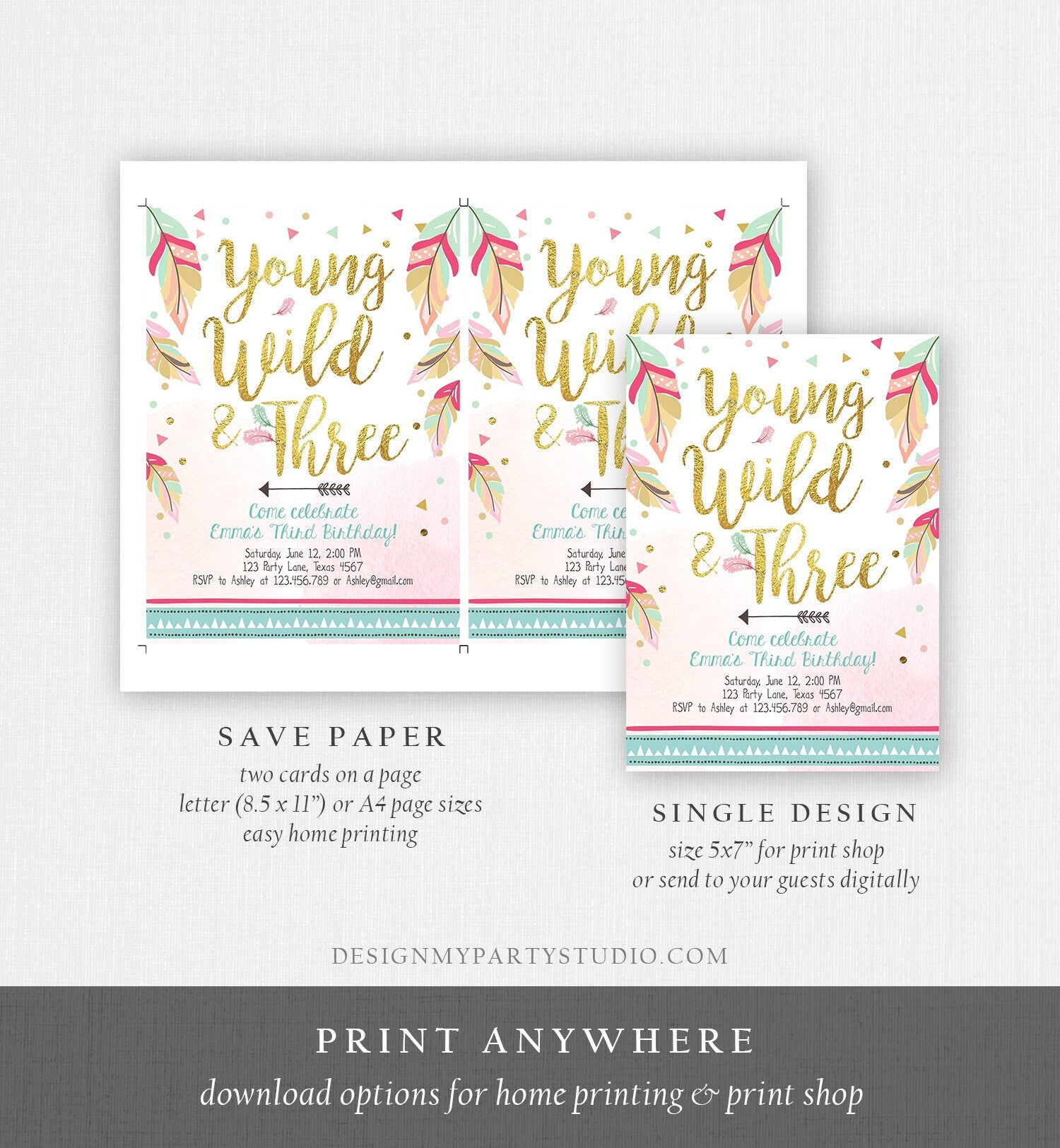 Editable Young Wild and Three Invitation Tribal Boho Feathers Girl Pink Gold Third 3rd Birthday Digital Download Template Printable 0038