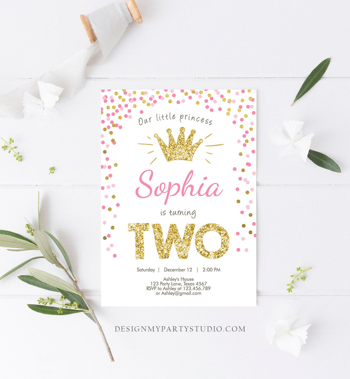 Editable Little Princess Birthday Invitation Girl Pink Gold Second Birthday 2nd ANY AGE Crown Download Corjl Template Printable 0047