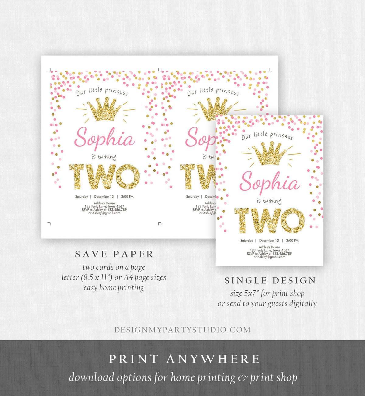 Editable Little Princess Birthday Invitation Girl Pink Gold Second Birthday 2nd ANY AGE Crown Download Corjl Template Printable 0047