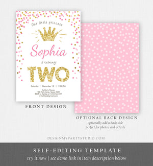 Editable Little Princess Birthday Invitation Girl Pink Gold Second Birthday 2nd ANY AGE Crown Download Corjl Template Printable 0047