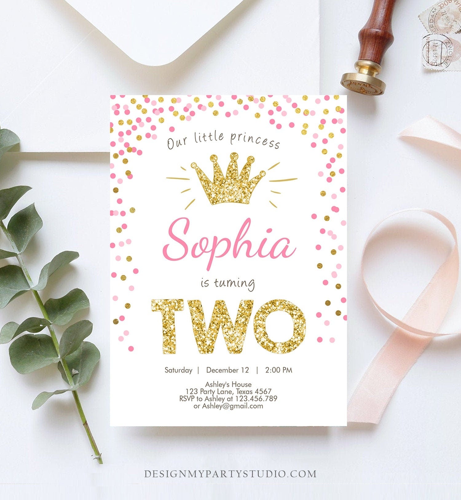 Editable Little Princess Birthday Invitation Girl Pink Gold Second Birthday 2nd ANY AGE Crown Download Corjl Template Printable 0047