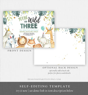 Editable Young Wild and Three Invitation Boy Green and Gold Safari Animals Zoo Instant Download Printable Template Digital Corjl 0163