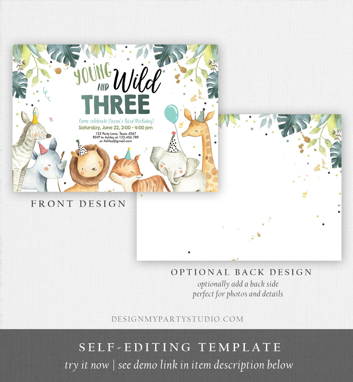 Editable Young Wild and Three Invitation Boy Green Gold Watercolor Safari Animals Party Animals Digital Download Template Printable 0163