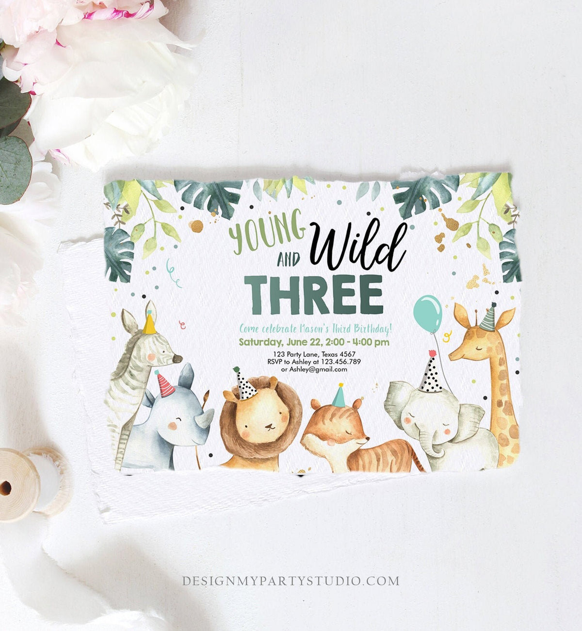 Editable Young Wild and Three Invitation Boy Green Gold Watercolor Safari Animals Party Animals Digital Download Template Printable 0163