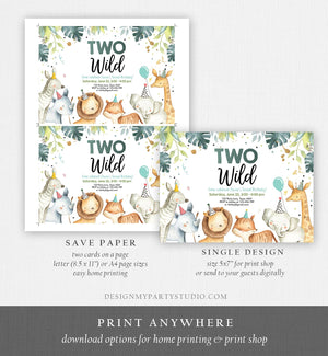 Editable Birthday Invitation Boy Two Wild Animals Invite Green and Gold Safari Zoo Instant Download Printable Template Digital Corjl 0163