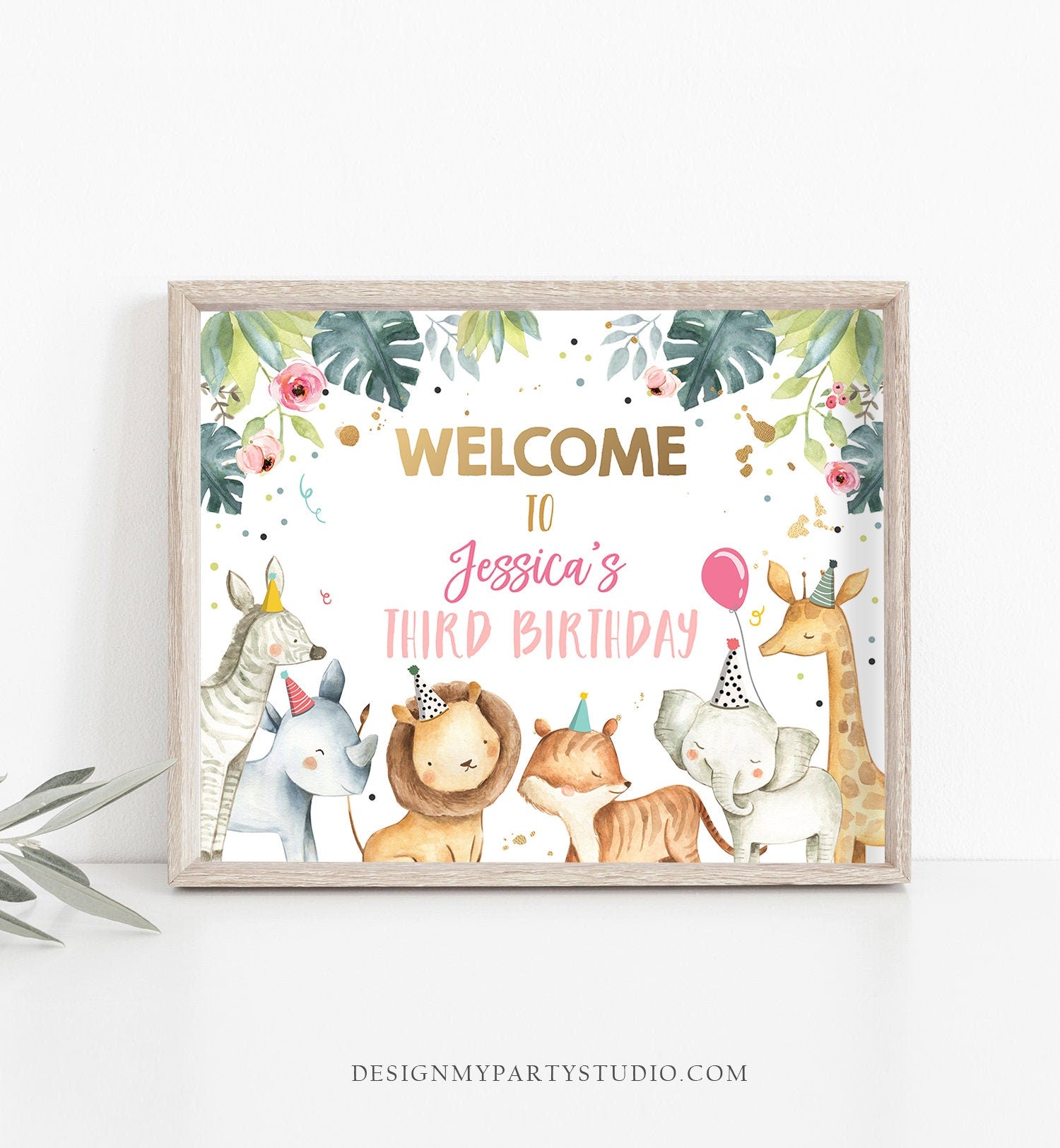 Editable Safari Animals Welcome Sign Party Animals Sign Zoo Safari Pink Gold Welcome Jungle Sign Birthday Digital Template Printable 0163