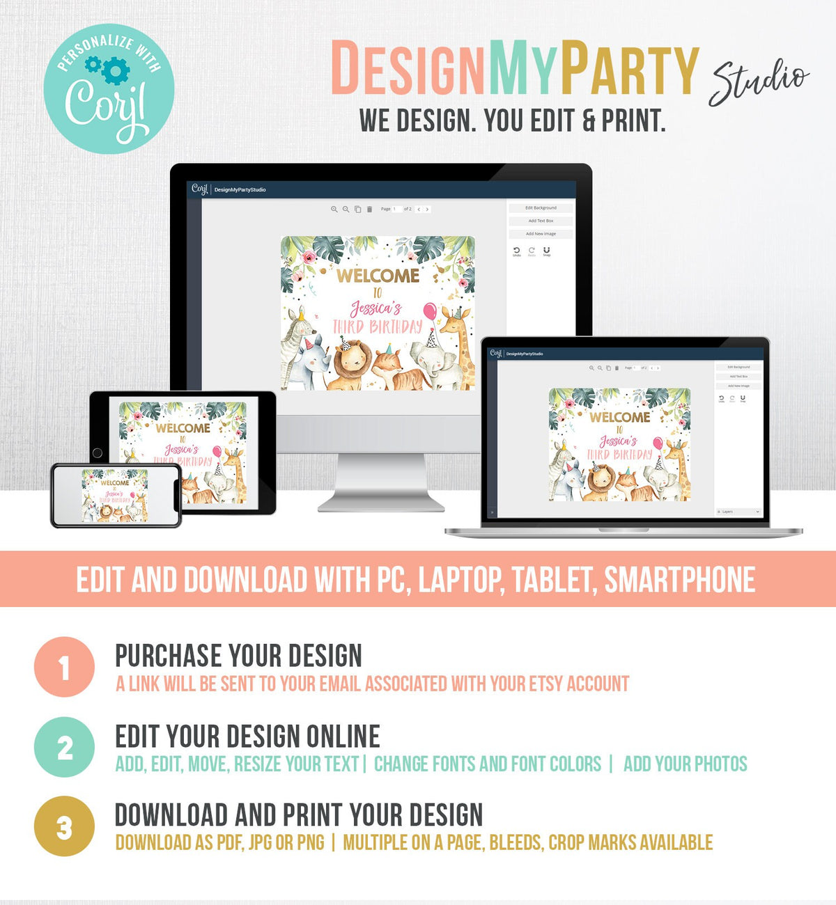 Editable Safari Animals Welcome Sign Party Animals Sign Zoo Safari Pink Gold Welcome Jungle Sign Birthday Digital Template Printable 0163