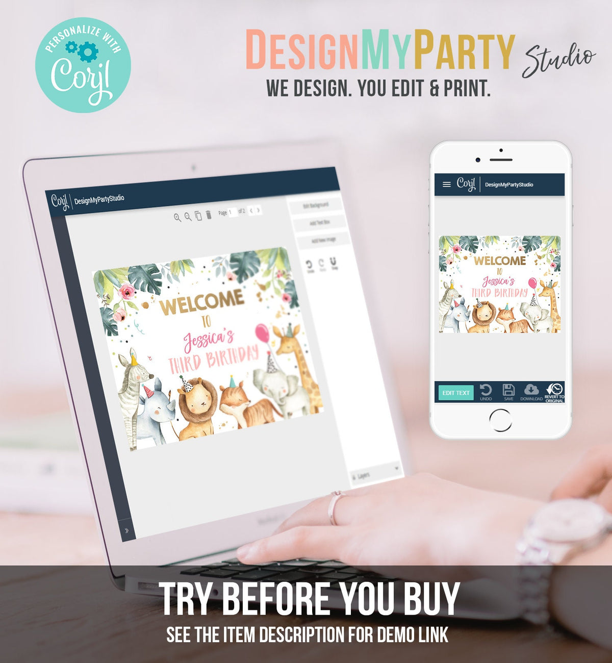 Editable Safari Animals Welcome Sign Party Animals Sign Zoo Safari Pink Gold Welcome Jungle Sign Birthday Digital Template Printable 0163