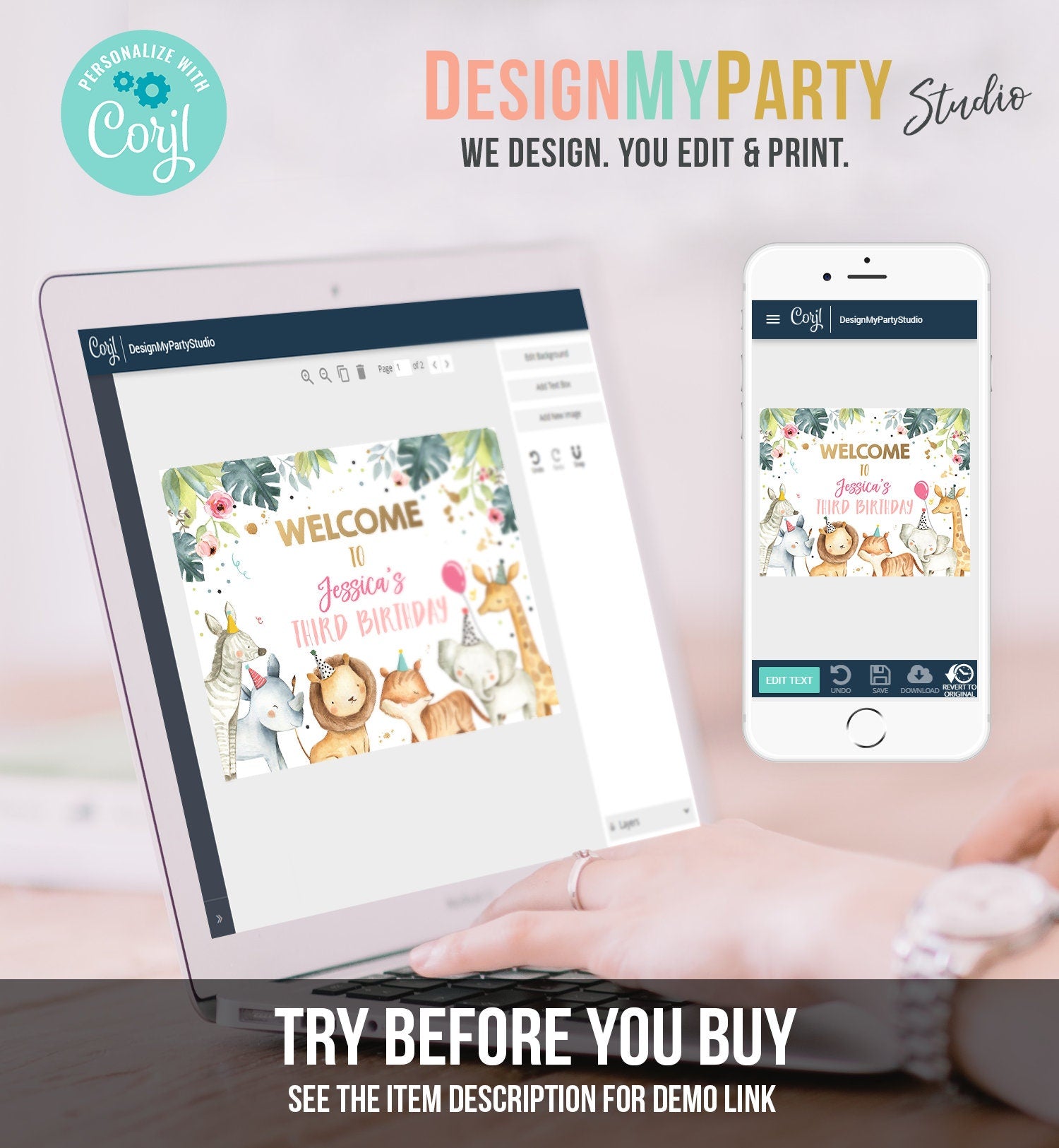 Editable Safari Animals Welcome Sign Party Animals Sign Zoo Safari Pink Gold Welcome Jungle Sign Birthday Digital Template Printable 0163