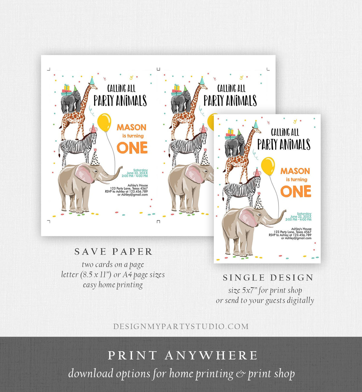 Editable Party Animals Birthday Invitation Wild One Animals Invitation Zoo Safari Animals Boy Download Corjl Template Printable 0142
