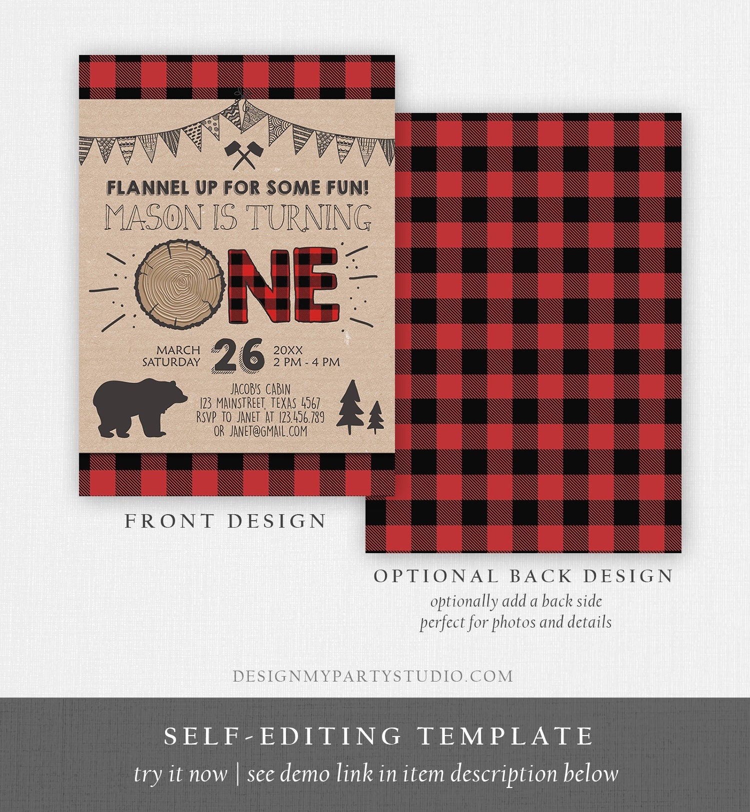 Editable Lumberjack Birthday Invitation Rustic Woodland First Birthday Bear Forest Red Black Plaid Download Corjl Template Printable 0026