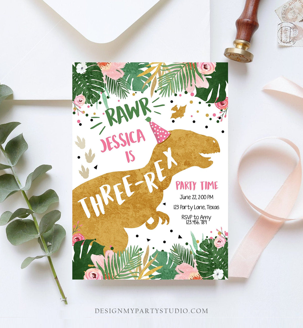 Editable Three-Rex Dinosaur Birthday Invitation Third Birthday 3rd Dino T-Rex Prehistoric Rawr Girl Pink Digital Template Printable 0146