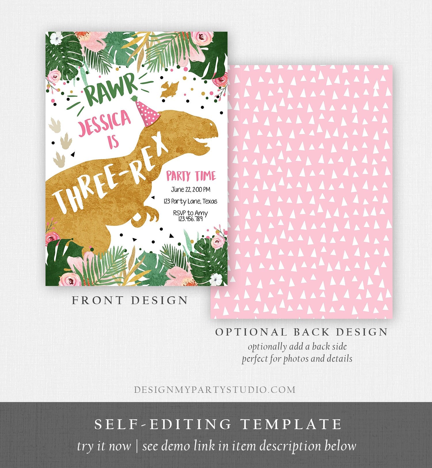 Editable Three-Rex Dinosaur Birthday Invitation Third Birthday 3rd Dino T-Rex Prehistoric Rawr Girl Pink Digital Template Printable 0146