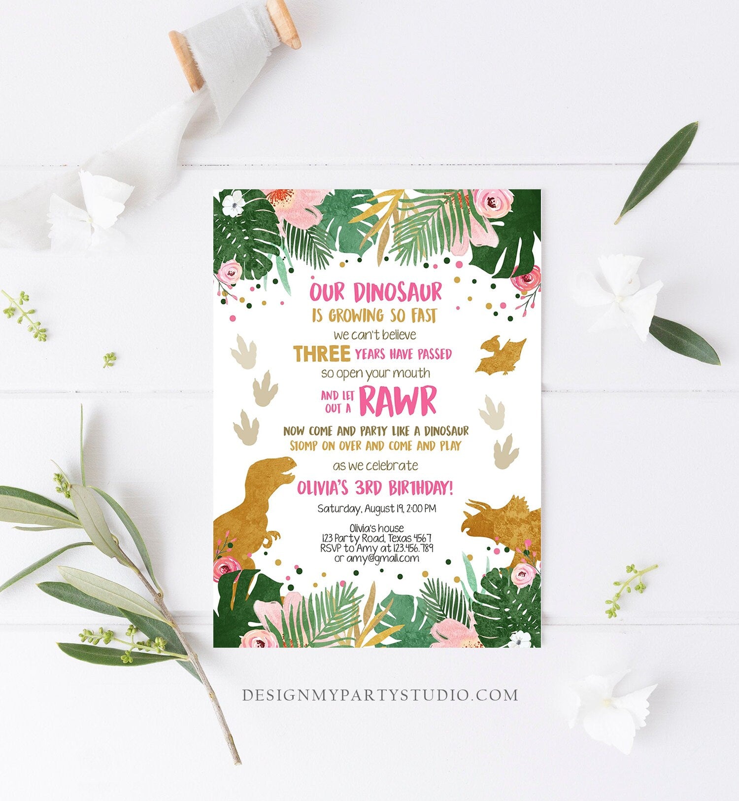 Editable Dinosaur Birthday Invitation ANY AGE Dino Party T-Rex Prehistoric RAWR Girl Pink Gold Download Digital Template Printable 0146