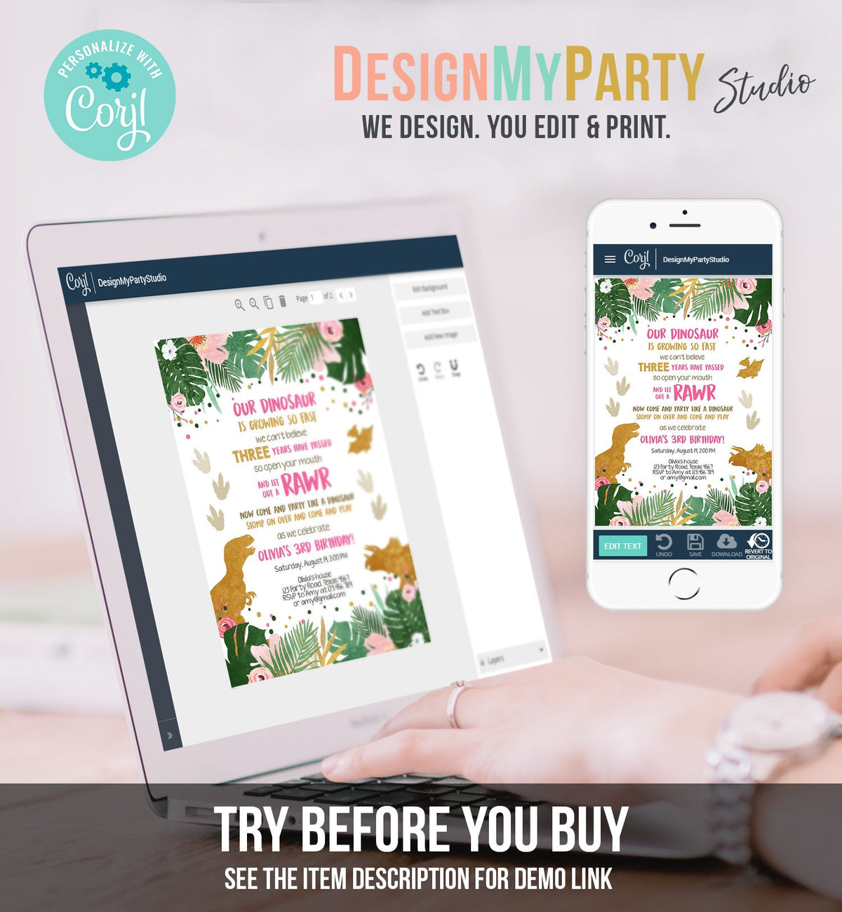 Editable Dinosaur Birthday Invitation ANY AGE Dino Party T-Rex Prehistoric RAWR Girl Pink Gold Download Digital Template Printable 0146