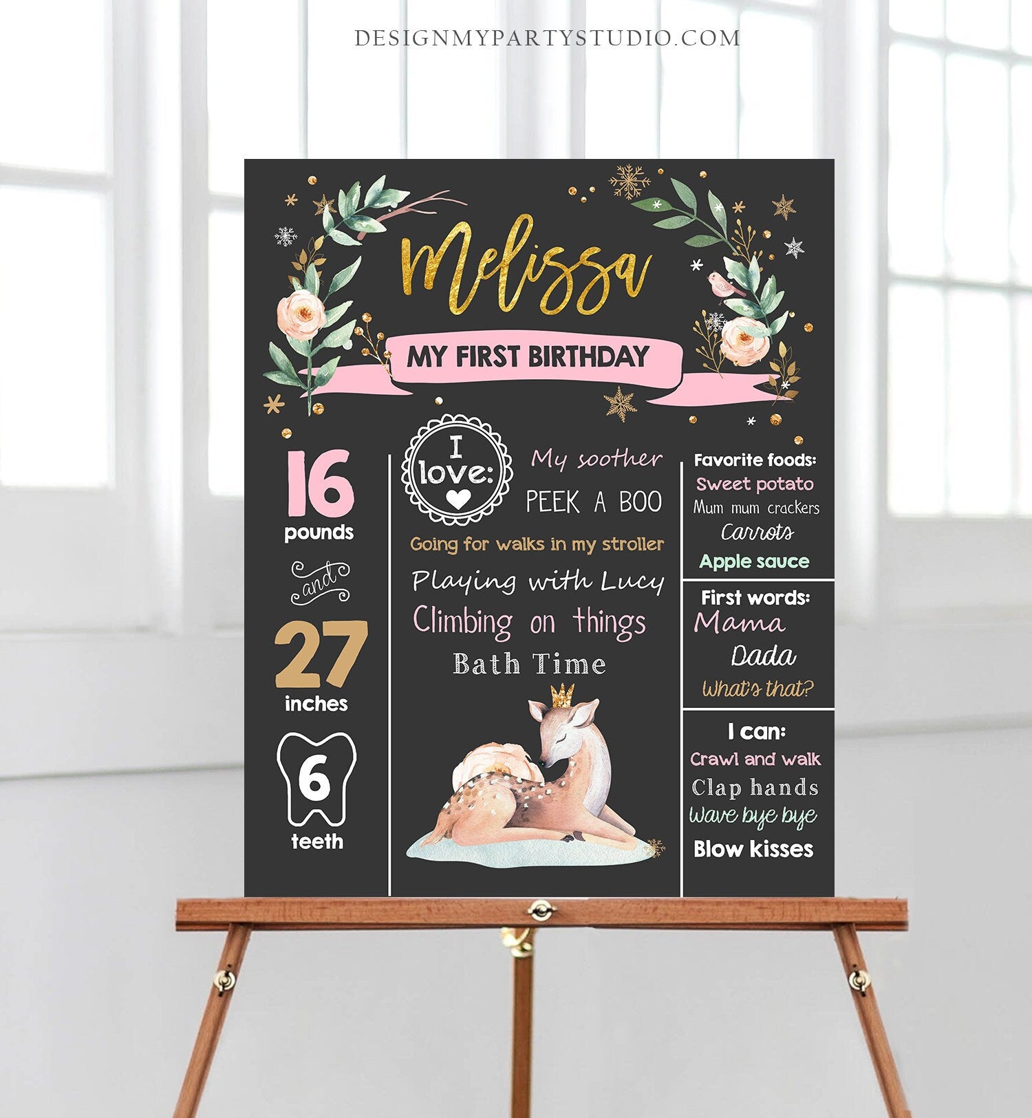 Editable Winter Onederland Birthday Milestones Sign First Birthday 1st Snowflakes Girl Pink Gold Woodland Deer Corjl Template Printable 0265