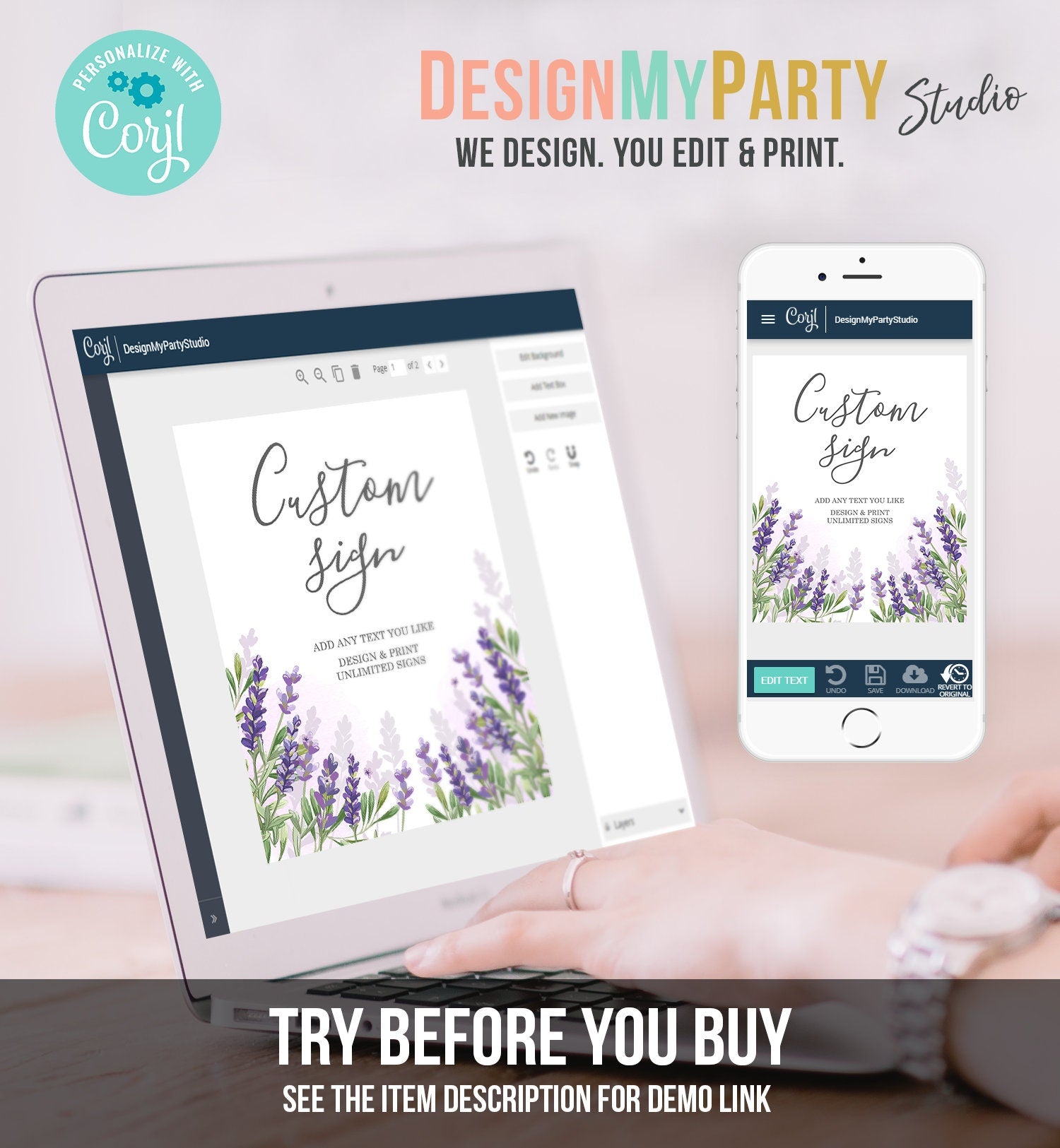 Editable Custom Sign Lavender Wedding Sign Lavender Decor Table Sign Shower Decor Floral Purple Download Corjl Template Printable 8x10 0206