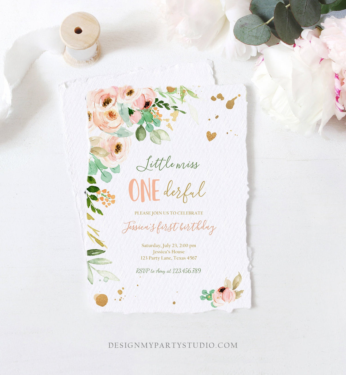Editable Little Miss Onederful Birthday Invitation 1st First Birthday Girl Pink Gold Floral Digital Download Evite Template Printable 0147