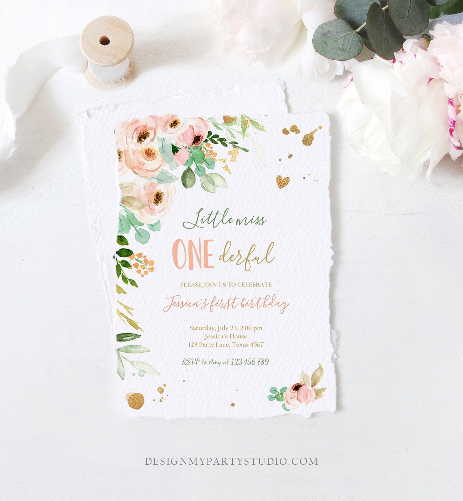 Editable Little Miss Onederful Birthday Invitation 1st First Birthday Girl Pink Gold Floral Digital Download Evite Template Printable 0147
