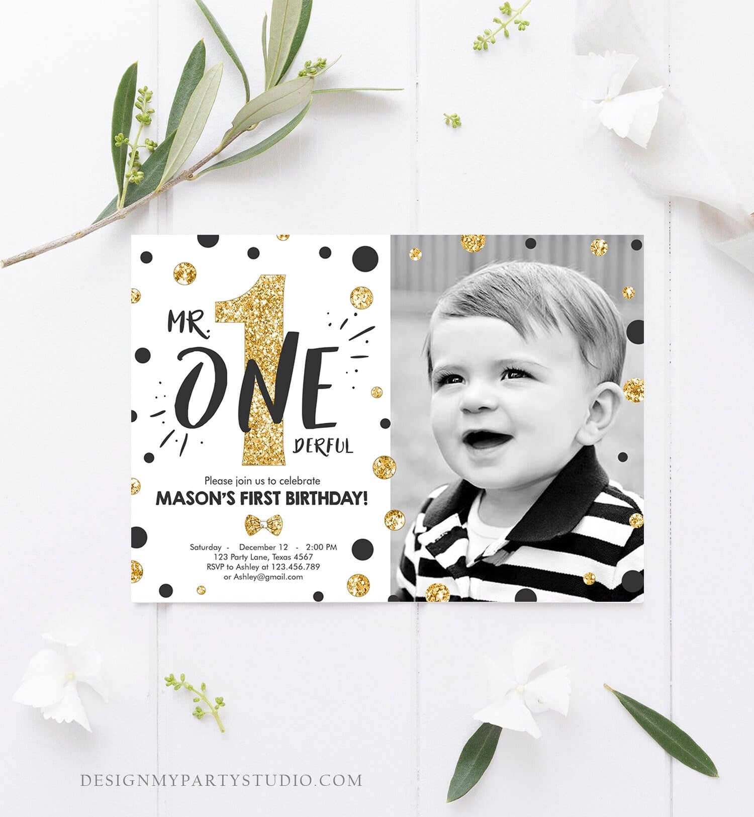 Editable Mr Onederful Birthday Invitation Black Gold Boy Bow Tie Confetti 1st Birthday Download Printable Template Digital Corjl 0072