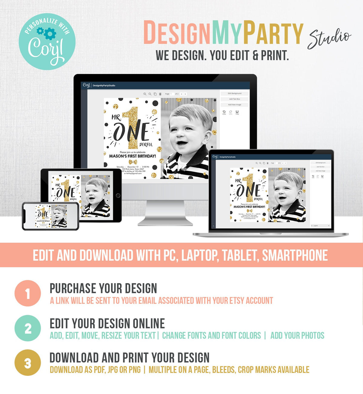 Editable Mr Onederful Birthday Invitation Black Gold Boy Bow Tie Confetti 1st Birthday Download Printable Template Digital Corjl 0072