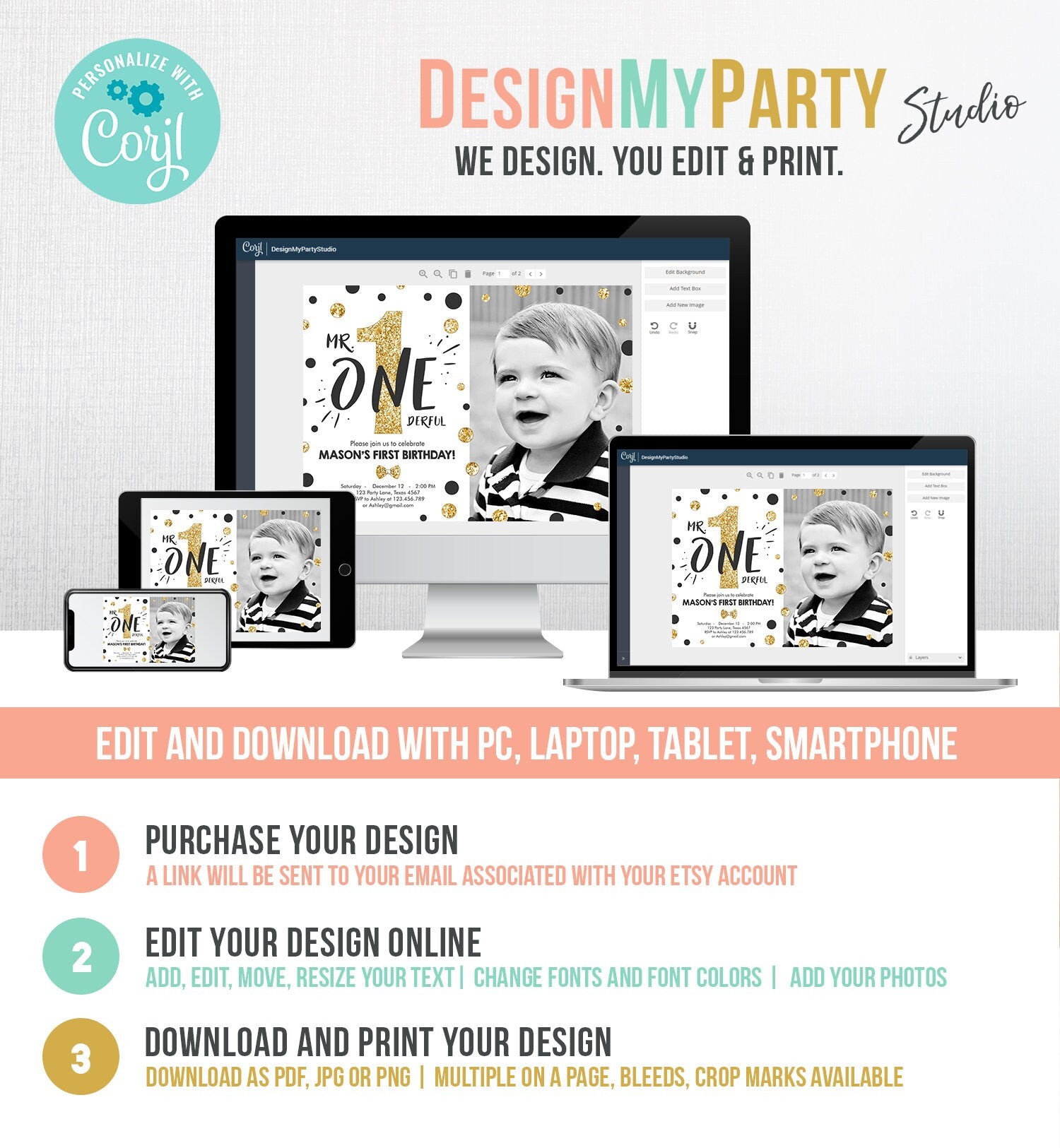 Editable Mr Onederful Birthday Invitation Black Gold Boy Bow Tie Confetti 1st Birthday Download Printable Template Digital Corjl 0072